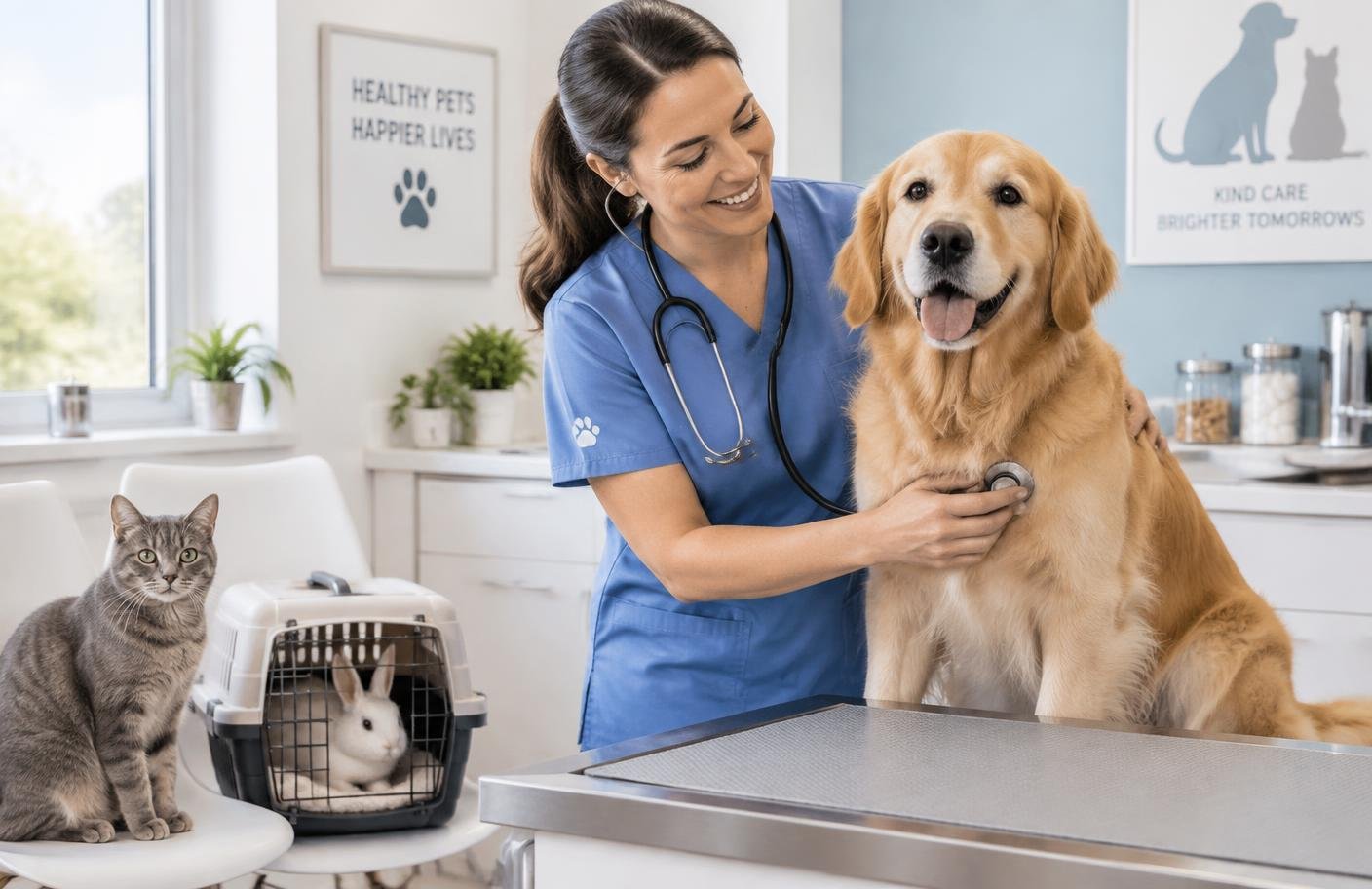 Veterinarian examining a golden retriever with a cat and rabbit at City Petcare Hospital & Urgent Care