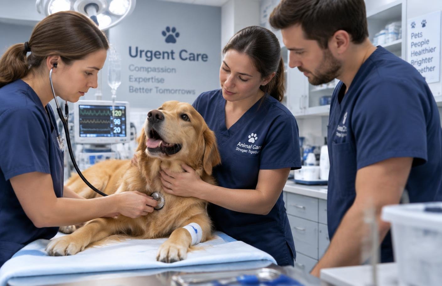 Veterinary team providing urgent care to a dog